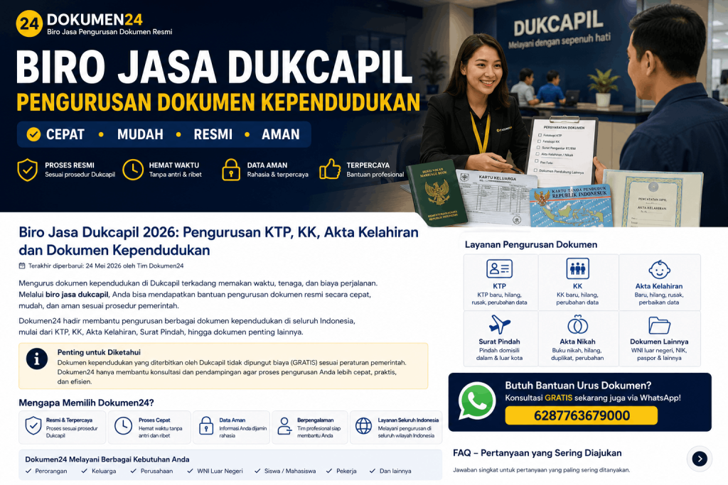 Biro jasa Dukcapil 2026 pengurusan KTP KK akta kelahiran dan dokumen kependudukan