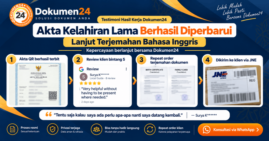 Akta kelahiran lama berhasil diperbarui menjadi akta elektronik QR bersama Dokumen24