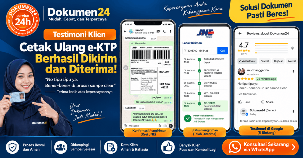 Testimoni cetak ulang e-KTP berhasil dikirim dan diterima klien Dokumen24
