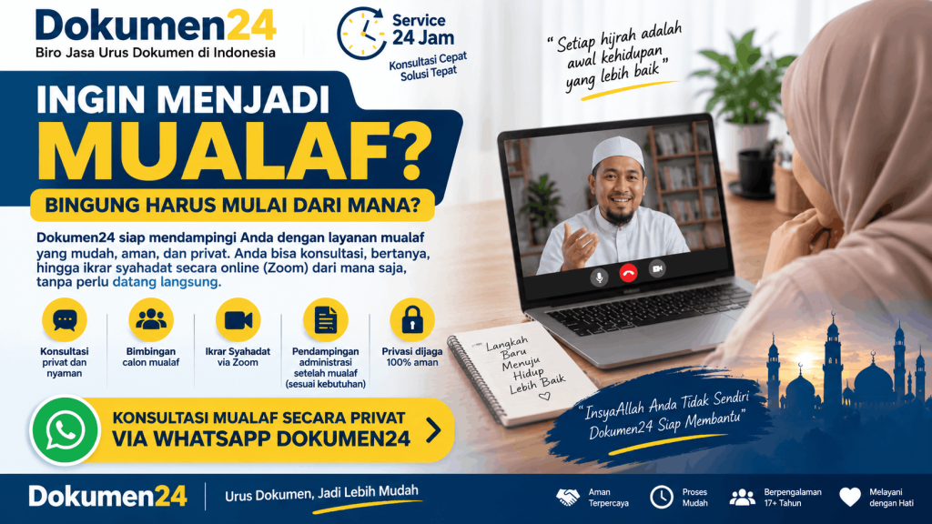 Jasa mualaf online Dokumen24 dengan bimbingan ikrar syahadat via Zoom