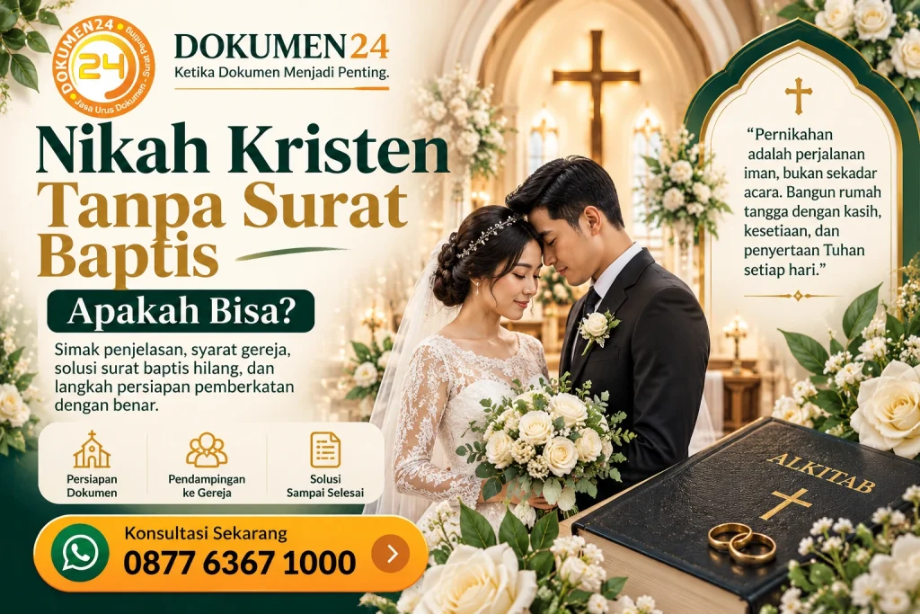 Dokumen24 tentang nikah Kristen tanpa surat baptis, menampilkan pasangan pengantin di gereja, persyaratan pemberkatan, solusi surat baptis hilang, dan layanan konsultasi pernikahan Kristen.