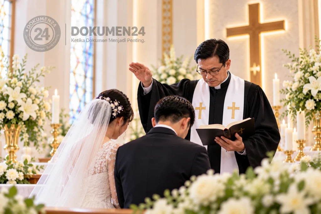 Prosesi pemberkatan nikah Kristen di gereja dengan pendeta memberkati pasangan pengantin, ilustrasi layanan Dokumen24 Tangerang.